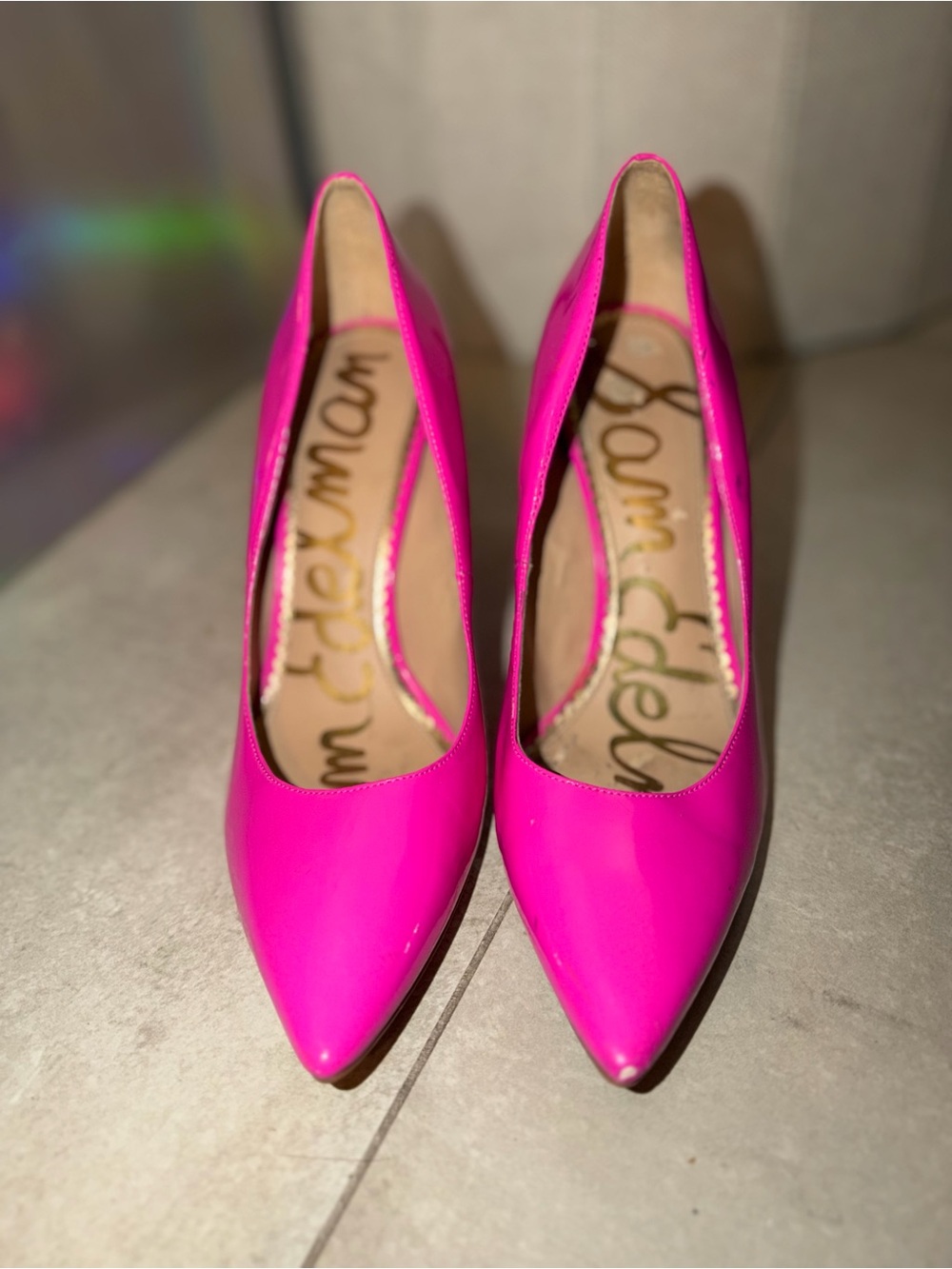 SAM EDELMAM Neon Pink Patent 4" High Heel Shoes Pointy Toe Pump US Ladies 8.